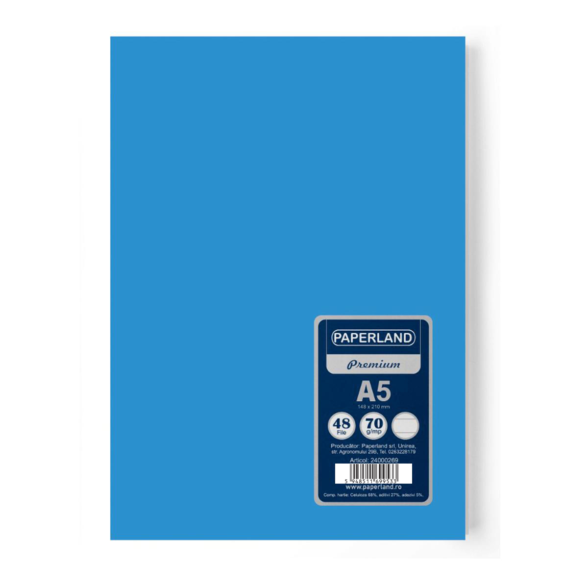 Caiet A5, capsat, velin, 70g, FSC, coperta albastru